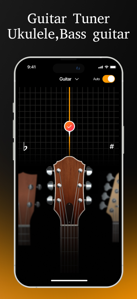 Interface do aplicativo afinador de guitarra mostrando um headstock de guitarra e indicador de afinação
