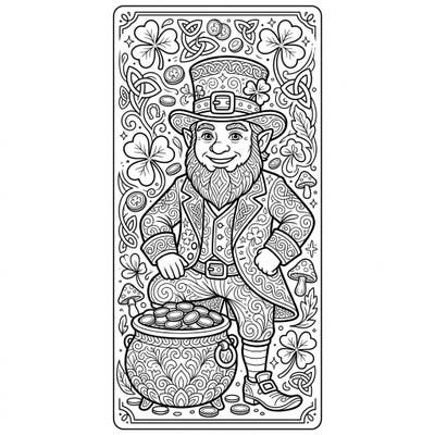 Color a charming leprechaun guarding his pot of gold, surrounded by intricate Celtic designs and shamrocks. This delightful template doubles as a unique bookmark once colored.