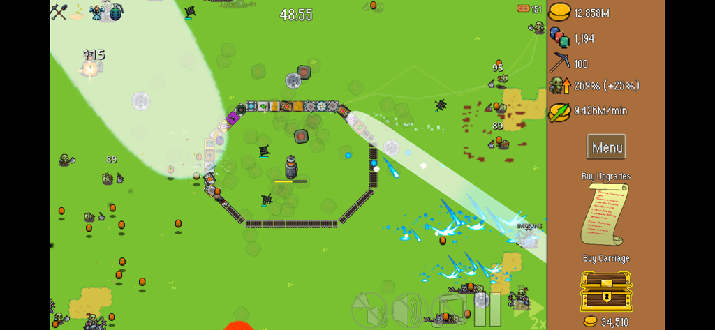All Aboard! Defense Express - Top-down gameplay showing a circular train with defensive carriages protecting a generator from waves of orc enemies.