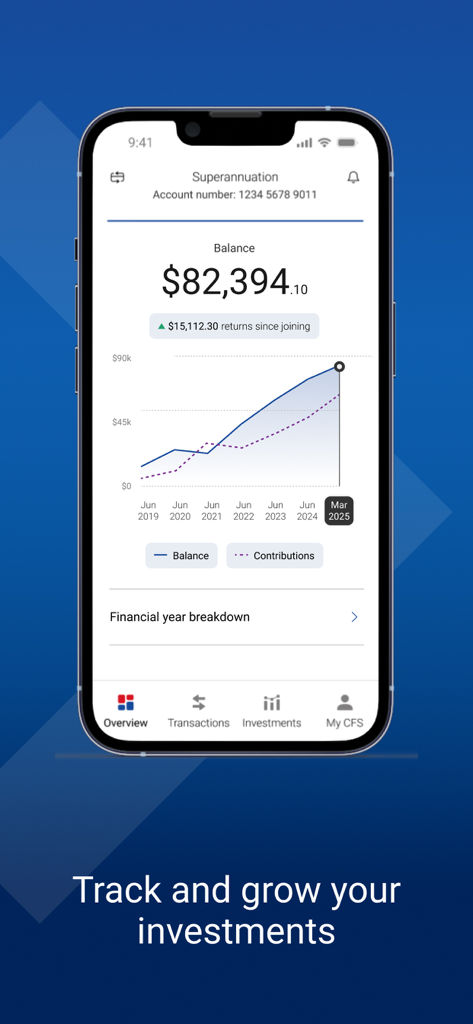 A mobile screen showing the Colonial First State app superannuation overview with a balance of over 82,000 dollars and an investment growth chart