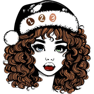 realistic girl with a santa hat curly hair and lips