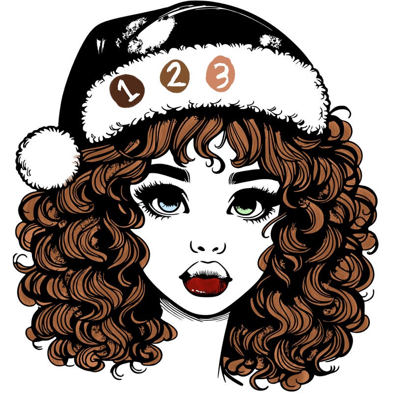 realistic girl with a santa hat curly hair and lips