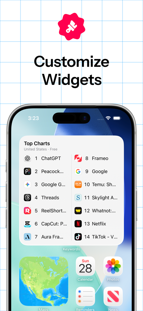 Keyword Tracker ASO App Trends - iPhone home screen showing a customizable app store optimization widget for top charts