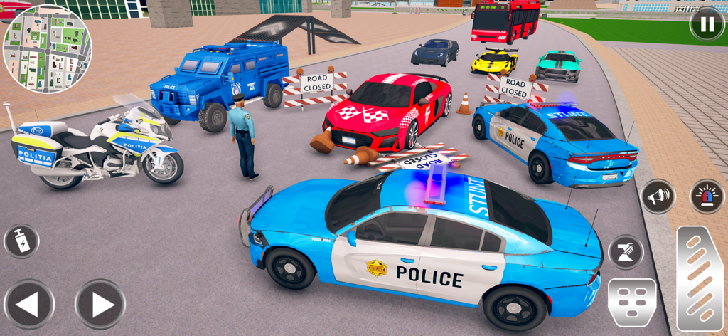 City Patrol: Police Chase 3D - Una captura de pantalla del juego 3D de City Patrol Police Chase que muestra varios vehículos policiales rodeando un coche deportivo estrellado en un bloqueo de carretera.