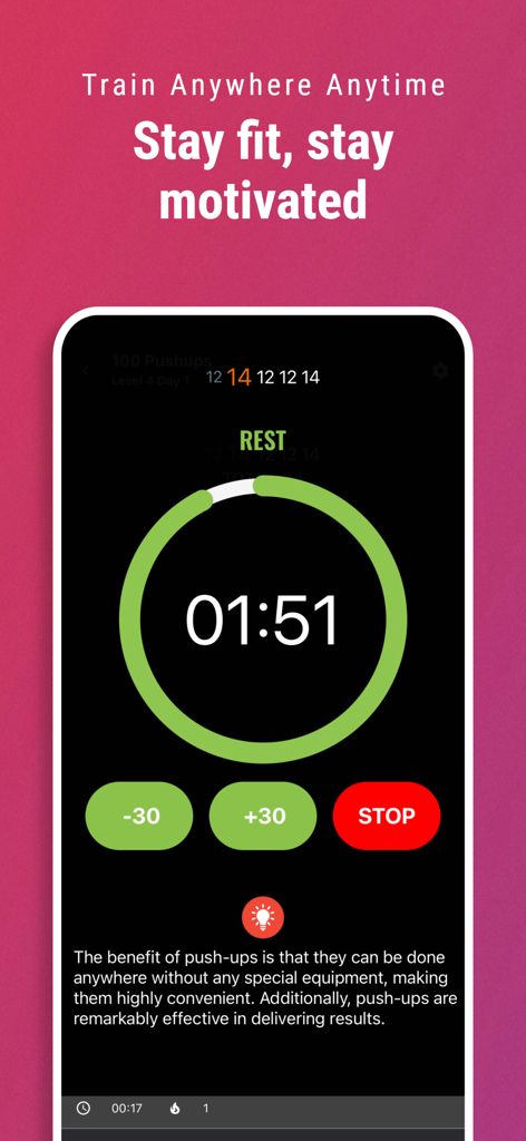 BeStronger Home workouts - Una pantalla móvil de la app BeStronger que muestra un temporizador de descanso y consejos de fitness durante un programa de entrenamiento de flexiones.