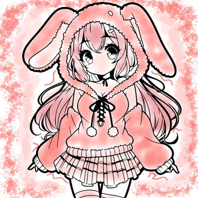 pretty anime girl wearing a fluffy hoodie with bunny ears on the hood and a skirt