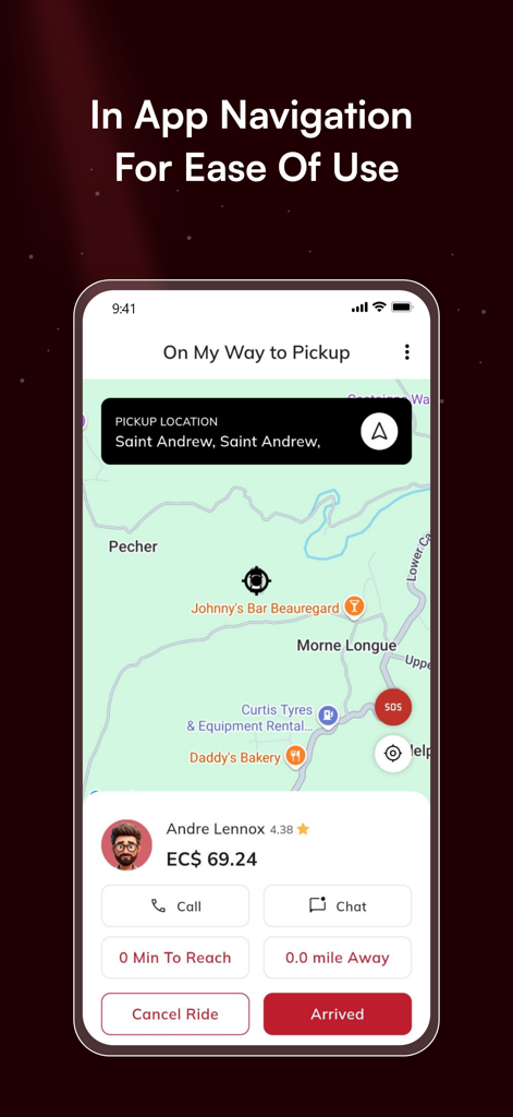 Ryde Dymond Driver - Ryde Dymond Driver 앱 화면에 인앱 내비게이션 지도 및 승객 픽업 세부 정보 표시