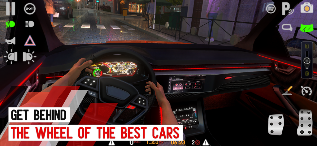 Vista en primera persona del tablero y el volante de un coche de lujo en un simulador de conducción urbana