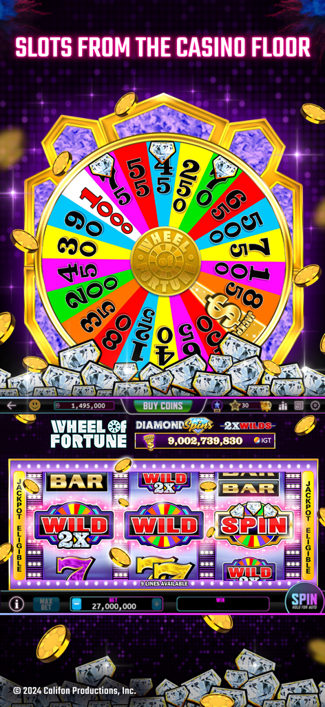 Choctaw Slots - Casino Games - Gameplay de l'application Choctaw Slots montrant une machine à sous sur le thème de la Roue de la Fortune avec une grande roue des prix colorée et des rouleaux qui tournent.