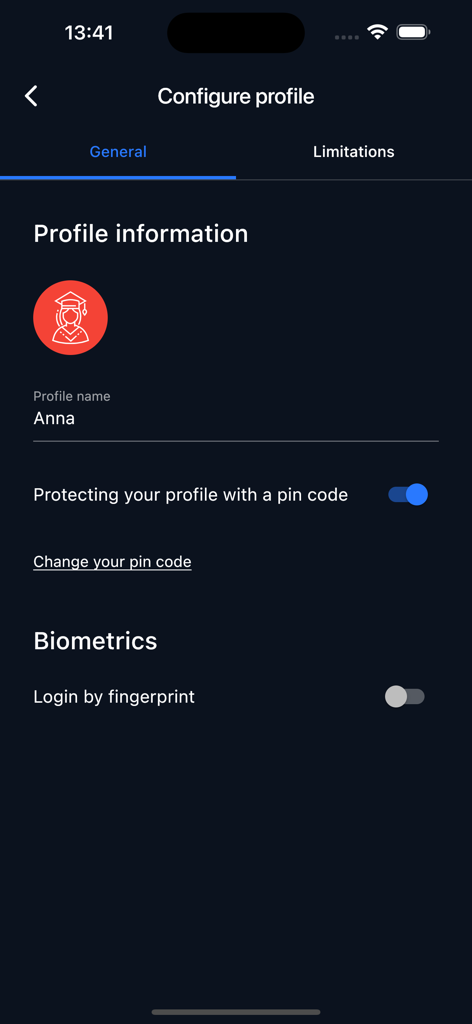 TMS player - Écran de configuration du profil TMS Player avec des options de sécurité et de connexion biométrique