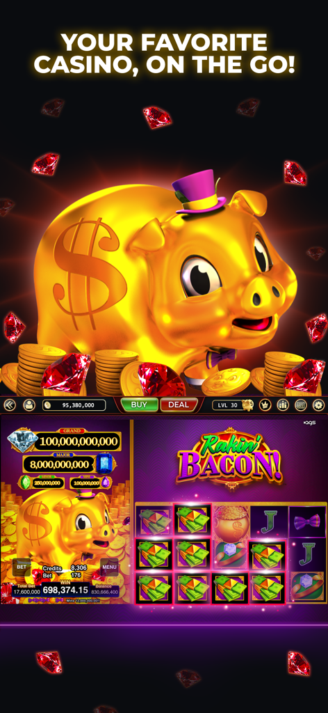 Lucky Eagle Play - Slots Games - A golden piggy bank character and gameplay interface for Rakin Bacon slots on the Lucky Eagle Play mobile app