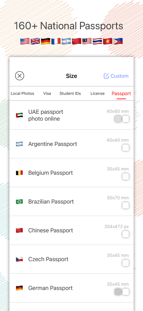 Interface showing a list of international passport photo dimensions for different countries