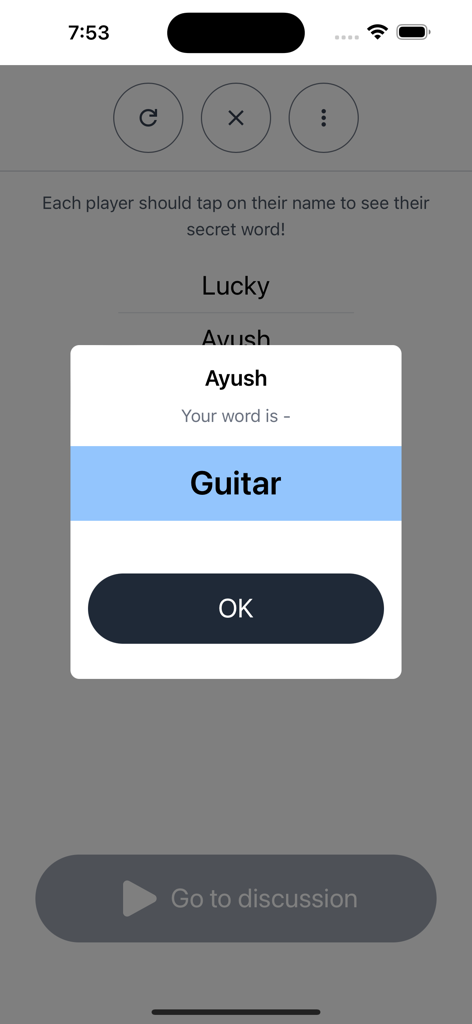 Secret word assignment screen in the Mr White social deduction game showing the word Guitar.