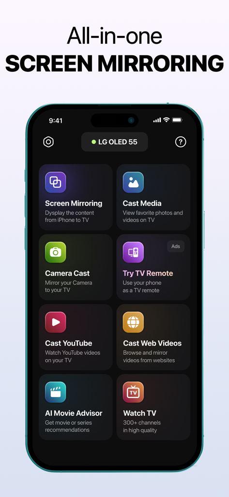 Screen Mirroring | Cast to TV - All in one screen mirroring app interface on iPhone showing various casting and mirroring options