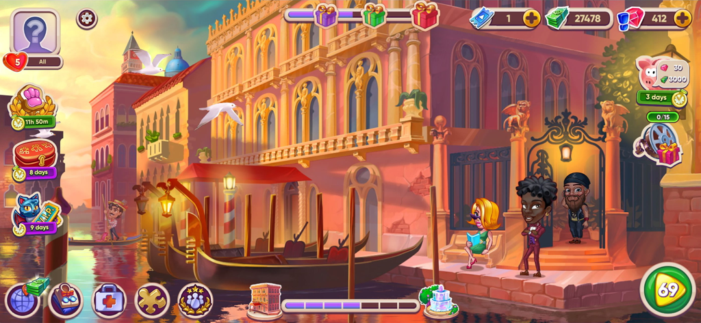 Mapa da cidade inspirado em Veneza em Doctor Dash 2 com gôndolas e edifícios coloridos