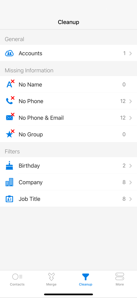 Easy Caller ID - The cleanup screen of the Easy Caller ID app showing various filters to organize contacts with missing information