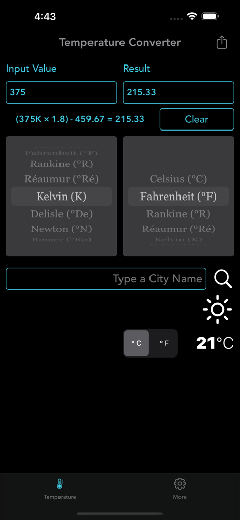 Digital Temperature Converter - Interfaccia mobile dell'app Digital Temperature Converter che mostra la conversione da Kelvin a Fahrenheit e la formula di calcolo