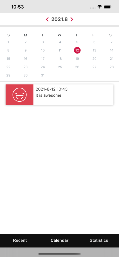 Mood Diary -  thought Journal - Mood Diary app calendar view showing a happy mood entry and journal note.