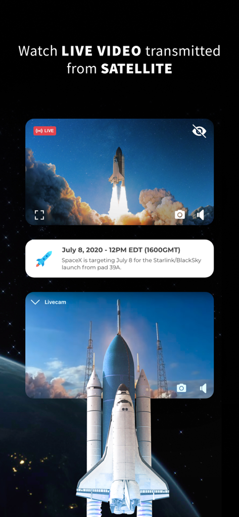 Staslink: Satellites Tracker - Interfaccia dell'app Staslink che mostra video satellitare live e dettagli del lancio di SpaceX