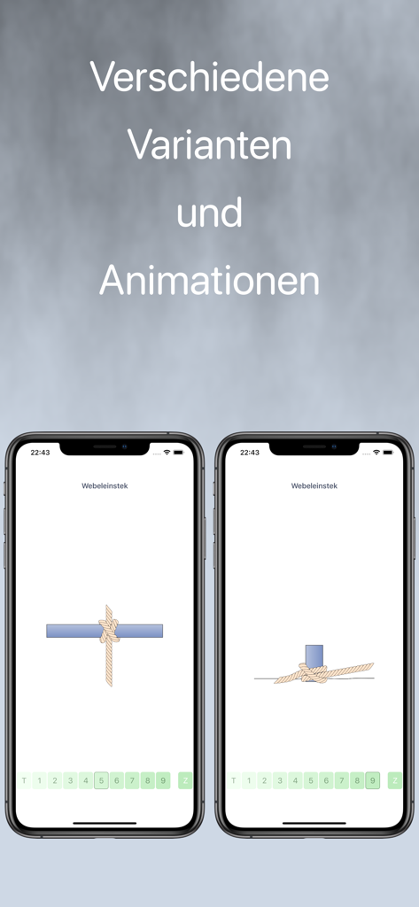 SBF Knoten app interface showing animations and different variations of nautical knots on two mobile screens