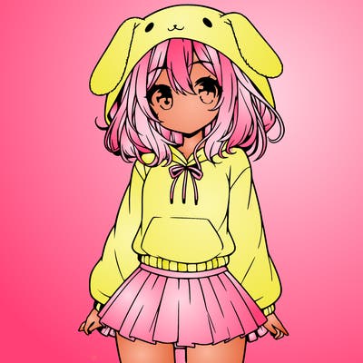 pretty anime girl wearing a fluffy hoodie with bunny ears on the hood and a skirt