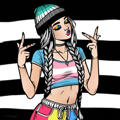 realistic teenage girl with braids and a beanie and crop top doing 🫶🏼