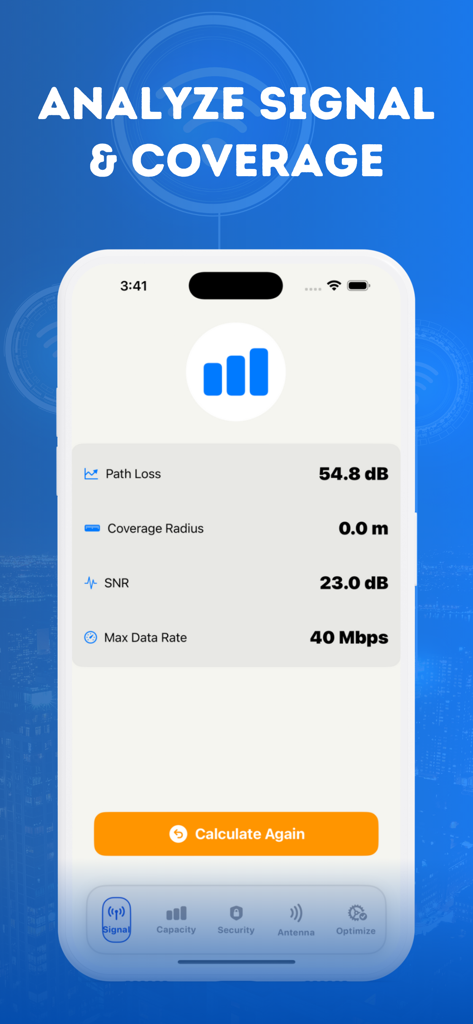 Interface de l'application Wifi Map Plus montrant des métriques réseau techniques telles que la perte de trajet, le rapport signal/bruit et l'analyse de la couverture du signal