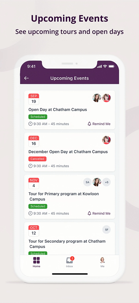 OpenApply - Screenshot of OpenApply app displaying a list of upcoming school tours and open days with event details
