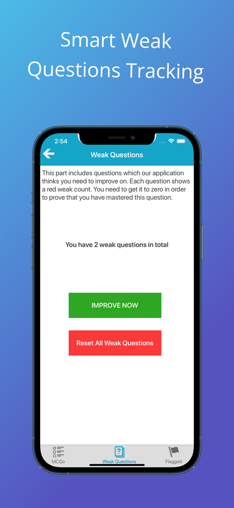 Smart weak questions tracking interface in the Integumentary System Quizzes app.