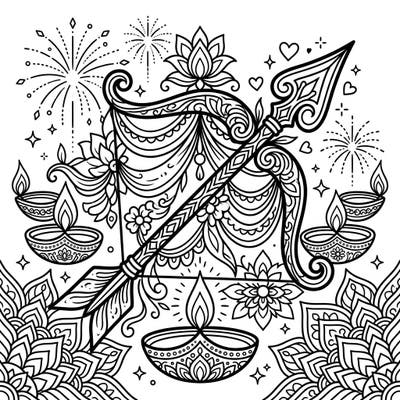 Discover a truly unique coloring experience with this design, blending the romantic symbolism of Cupid's arrow with the vibrant festivities of Diwali. Immerse yourself in a world of intricate patterns, glowing diyas, and celebratory fireworks, perfect for expressing your creativity.