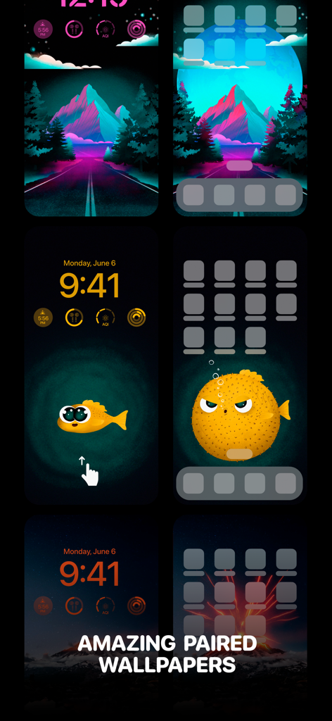 8K WALLPAPERS x 4K Backgrounds - Amazing paired wallpapers for iPhone showcasing matching lock and home screen designs including neon landscapes and creative pufferfish illustrations.