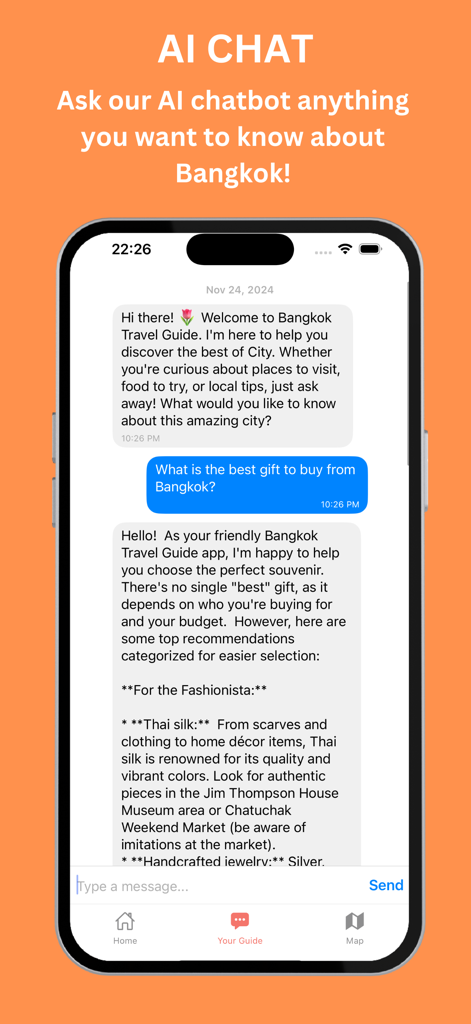 AI Travel Guide - Bangkok - Interface de chatbot IA dans l'application de guide de voyage de Bangkok fournissant des recommandations de souvenirs comme de la soie thaïlandaise