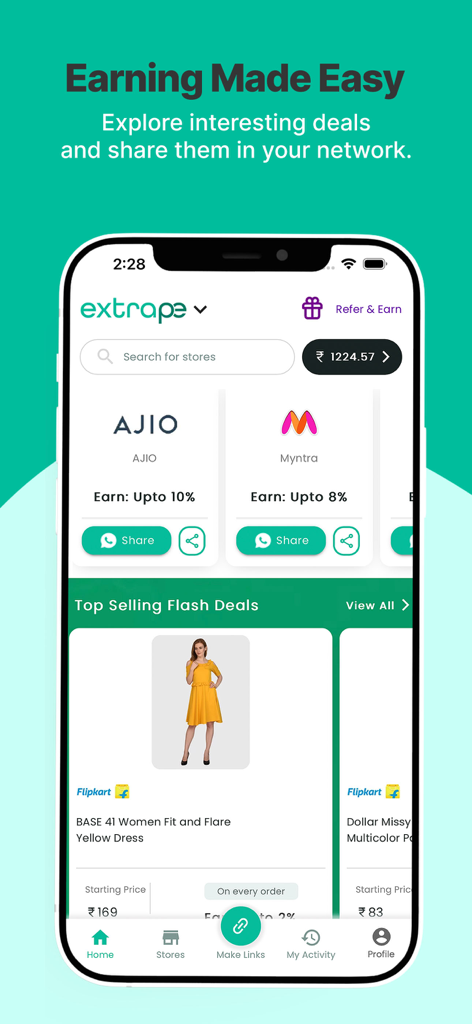 ExtraPe: Affiliate Marketing - ExtraPe mobile app interface showing affiliate marketing deals from stores like Ajio and Myntra