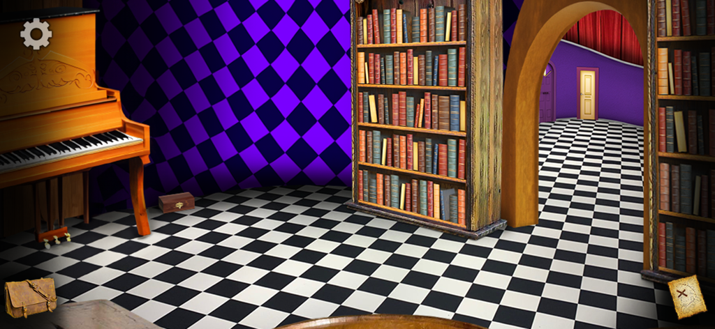 Adventure in Wonderland - Una caprichosa sala de biblioteca con suelo de tablero de ajedrez y un piano de madera en el juego Aventura en el País de las Maravillas.