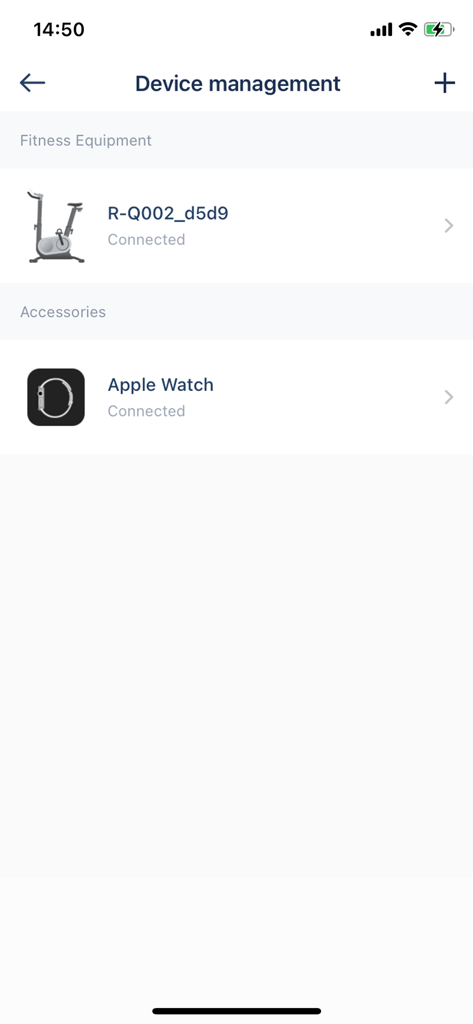 AI Gym - AI Gym device management screen showing a connected Renpho AI bike and Apple Watch