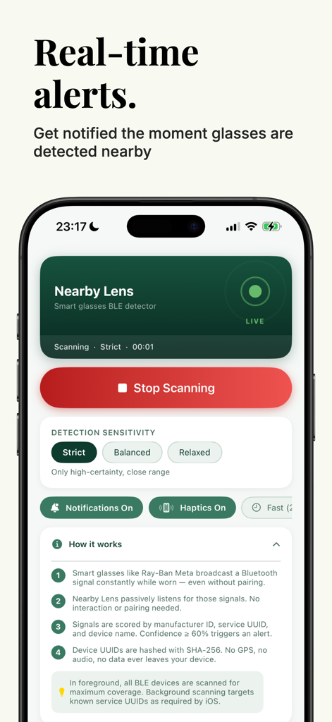 Nearby Lens app interface showing real-time scanning for smart glasses with detection sensitivity settings