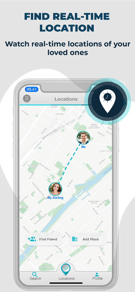 Find Loca app interface showing real time family location tracking on a map