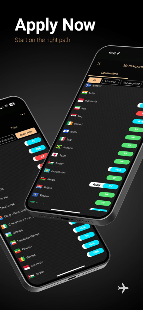 Smartphone screen showing the Passport Index app with visa requirements list and e-visa application buttons