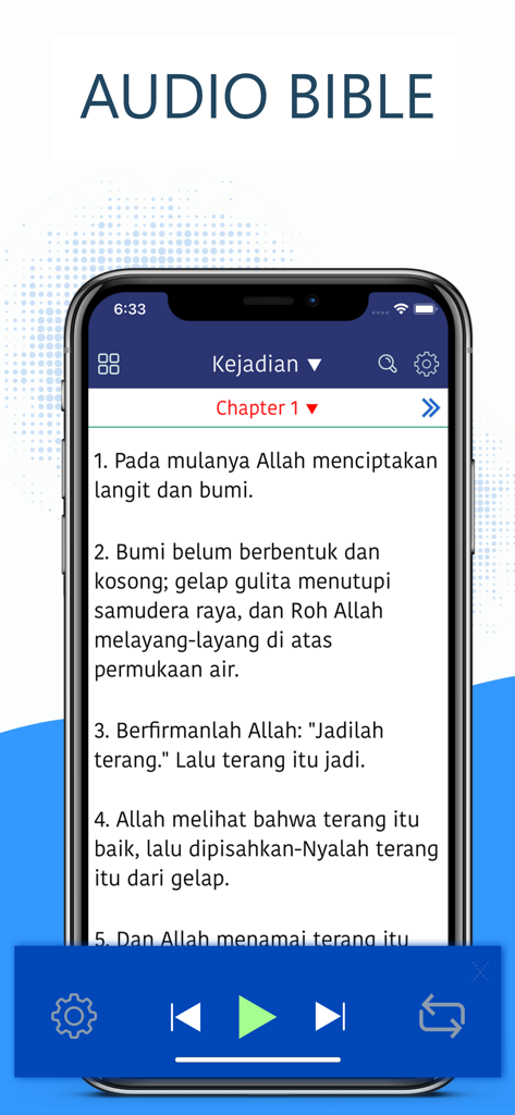 Alkitab Bible (Indonesian) - Screenshot of the Alkitab Bible app displaying the audio bible feature with Indonesian scripture text