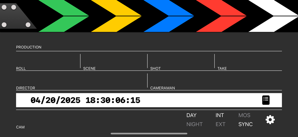 ClapperBoard - Scene Tracker - A digital clapperboard interface showing production details like roll scene shot and take with a timecode