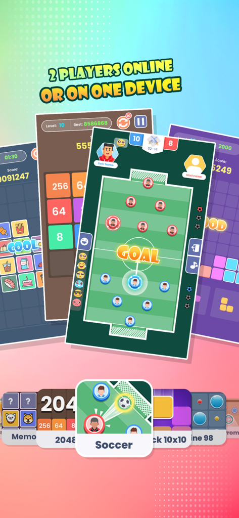2 Player Game Box Online - A collection of various mini games including soccer and 2048 with options for online and local two player modes.