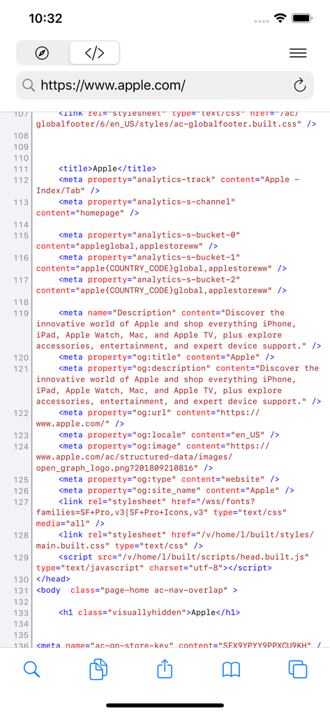 HTML Viewer Pro - HTML Viewer Pro interface displaying the source code of a website with syntax highlighting