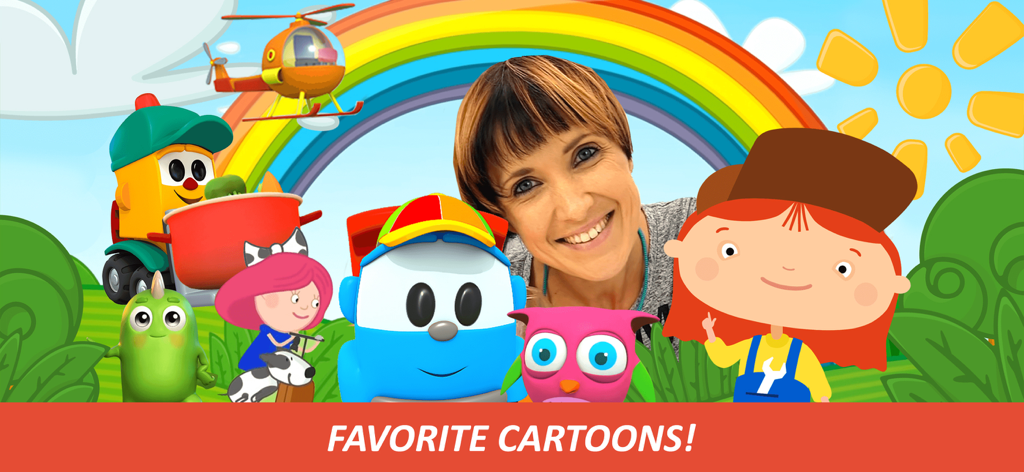 Kapuki TV learning kids videos - Kapuki TV host Maria with popular cartoon characters like Leo the Truck under a rainbow