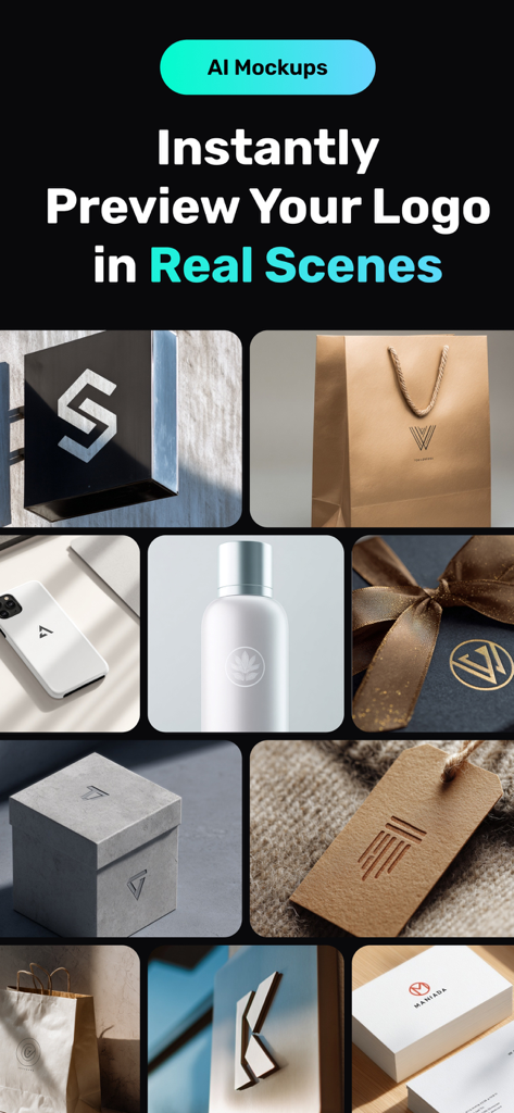 Preview of brand logos on real world products like shopping bags and business cards