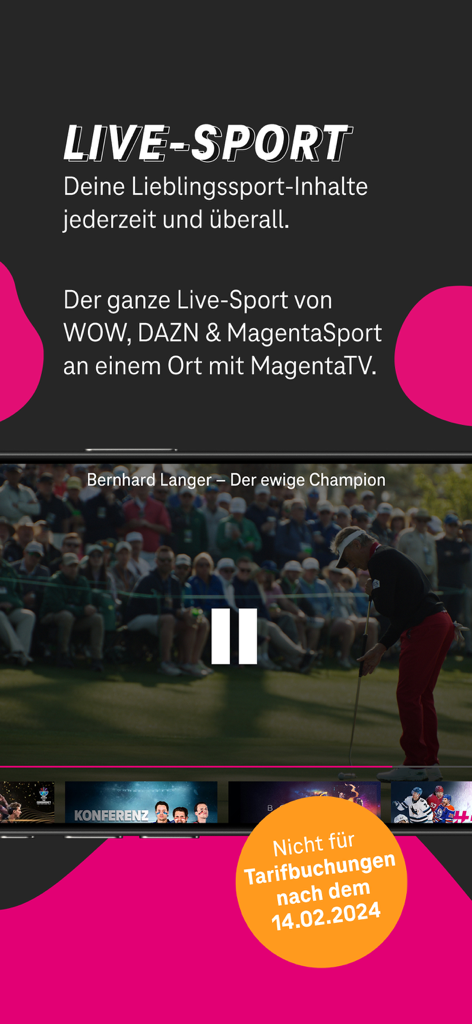 スマートフォンでのゴルフ放送によるライブスポーツストリーミングを表示するMagentaTVアプリのスクリーンショット