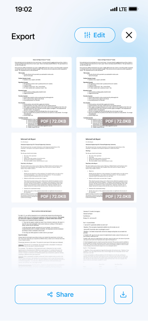 Mobile app screen showing the export interface with multiple PDF document previews and sharing buttons.