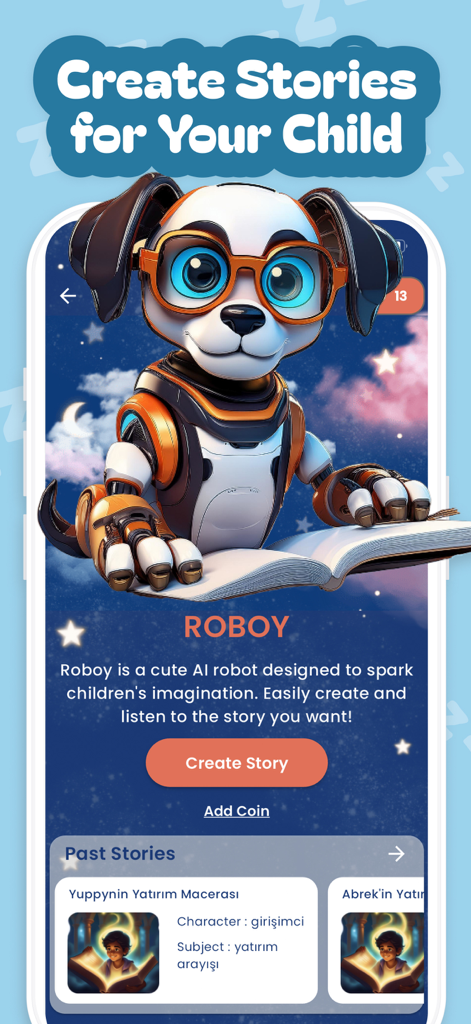 Pregnancy, Baby Tracker －Yuppy - Interfaccia dell'app Yuppy che mostra la creazione di storie della buonanotte basate sull'AI per bambini con un simpatico personaggio robotico