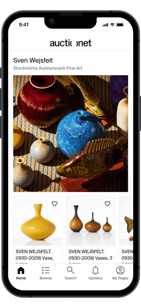 Auctionet - L'écran d'accueil de l'application Auctionet présente des vases en céramique uniques et des œuvres d'art mises aux enchères.