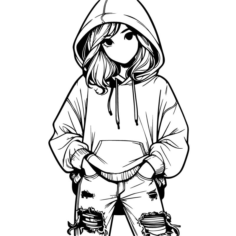 girl wearing hoodie and ripped jeans, realistic