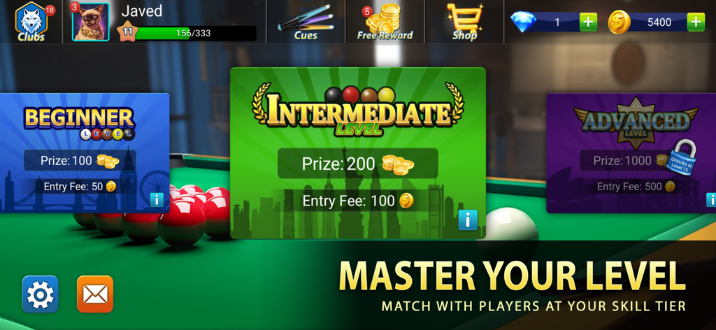 Pantalla de selección de nivel en Snooker Elite Online que muestra los niveles de partidas para principiantes, intermedios y avanzados con tarifas de entrada y premios.